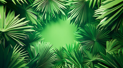 Fototapeta premium Lush green palm leaf background framing a vibrant central space, ideal for creative designs and tropical themed graphics