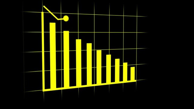 Yellow Bar Chart Illustrating a Decreasing Trend on a Grid Background graph data. Abstract digital graph with neon yellow bars decreasing across grid forming dynamic data visualization.