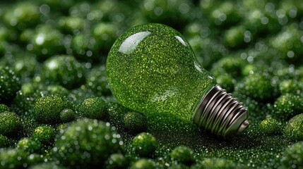 Green glitter light bulb in nature concept