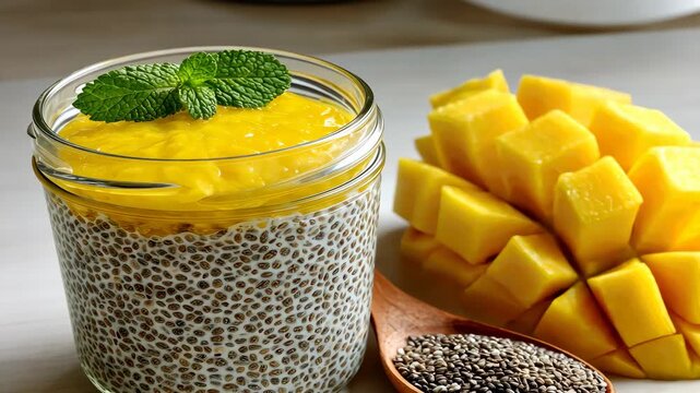Healthy mango chia pudding with fresh mango slices and mint garnish for a refreshing dessert option