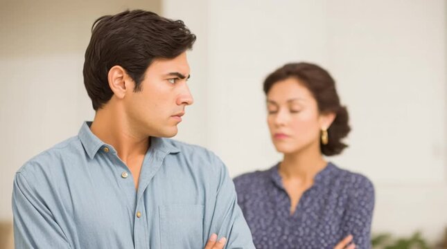 Grudge. Offence. Conflict between husband and wife. Tense, upset spouses. Mistrust. Argument. Disdainful look of a jealous husband