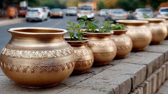 Decorative terracotta pots line the street with greenery growing in bright sunlight in an urban setting during midday