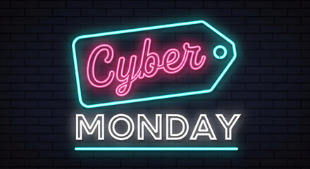 A vibrant graphic with a retro-futuristic design, showing "Cyber Monday" in pink and teal neon against a grid backdrop. online shopping promotions.