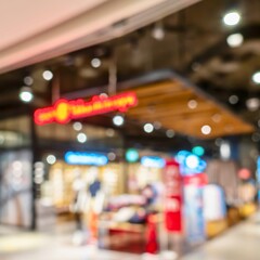 Blurred interior view of a brightly lit shopping mall food court