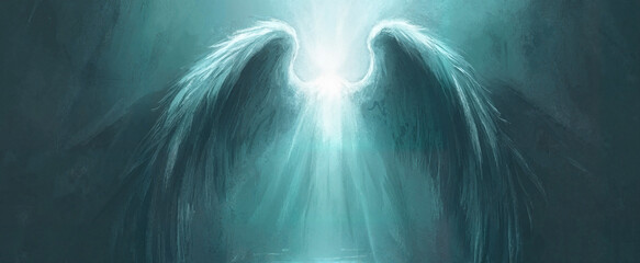 Angel wings illustration with a serene feeling representing pet cremation, Pet Cremation , tribute posters, funeral service websites, memorial brochures, funeral bureau branding, remembrance cards, , 