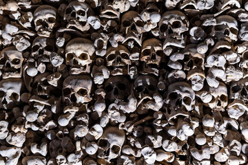 Ossuary with skeletons from the 13th to the 18th century, Pre-Romanesque temple of Santa María de Wamba, 10th century, Montes Torozos region, Valladolid, Castile and Leon, Spain