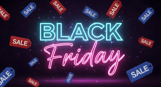 A neon "Black Friday" ad with sale tags. The background is dark and purple, with red and blue sale tag elements scattered around.

