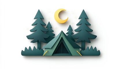 Fototapeta premium This serene illustration features a tent nestled among tall pine trees under a crescent moon, ideal for promoting outdoor activities, camping, or nature-themed events,