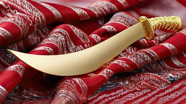 Golden curved sword displayed on red patterned fabric with intricate designs in a close-up view