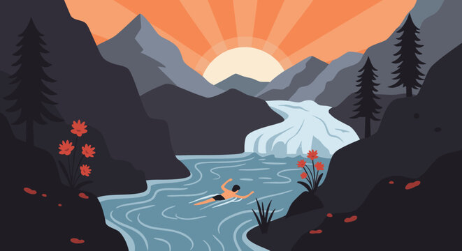 Wild swimming adventure in a scenic mountain valley with a cascading waterfall and beautiful sunrise, vector illustration