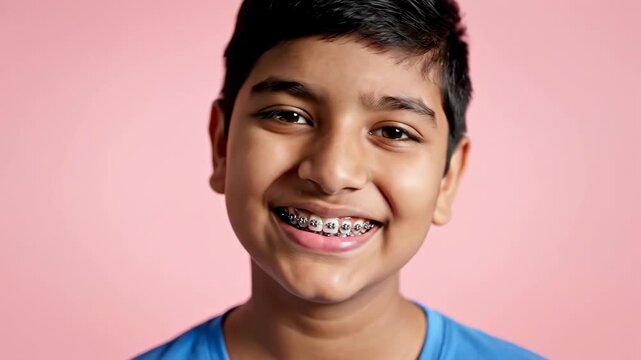 Young indian boy with dental braces smiling portrait. Kid happy about orthodontic treatment for healthy straight teeth. Footage.