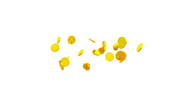 Glittering 3D Gold Coin – Isolated Transparent PNG for Games, Digital Design, and Festive Illustrations. gold Coin particle Render. golden Coin Explosion.