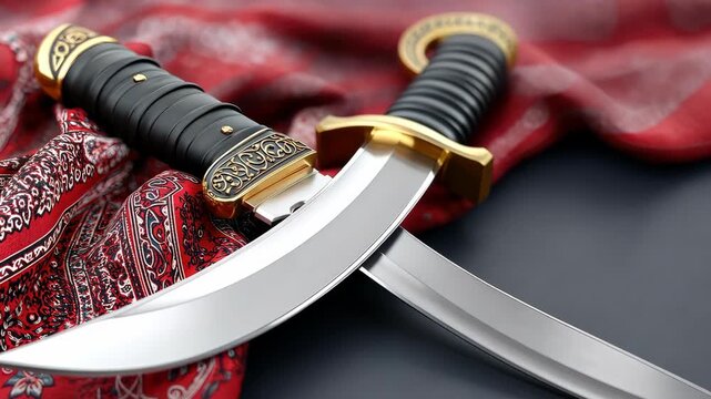 Traditional sword craftsmanship displayed with unique curved blades and intricate details on a vibrant patterned cloth background in a workshop setting