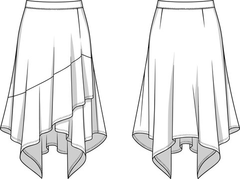 Women’s asymmetrical skirt fashion illustration, technical flat sketch, front and back view, handkerchief hem, diagonal seam, flowing silhouette, garment design drawing