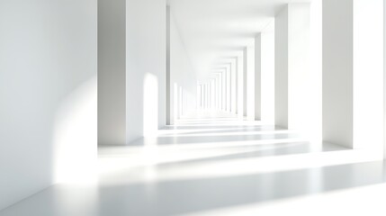Bright minimalist corridor with white pillars creating repetitive perspective and light shadows