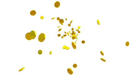 Glittering 3D Gold Coin – Isolated Transparent PNG for Games, Digital Design, and Festive Illustrations. gold Coin particle Render. golden Coin Explosion.