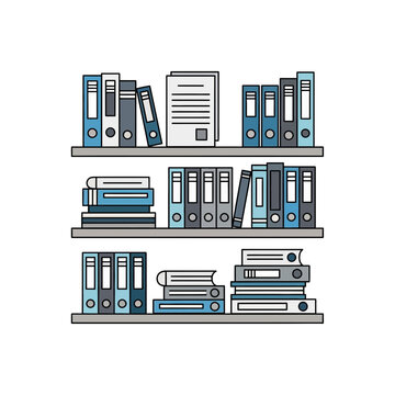 Illustration of three shelves filled with books and binders in shades of blue and gray.