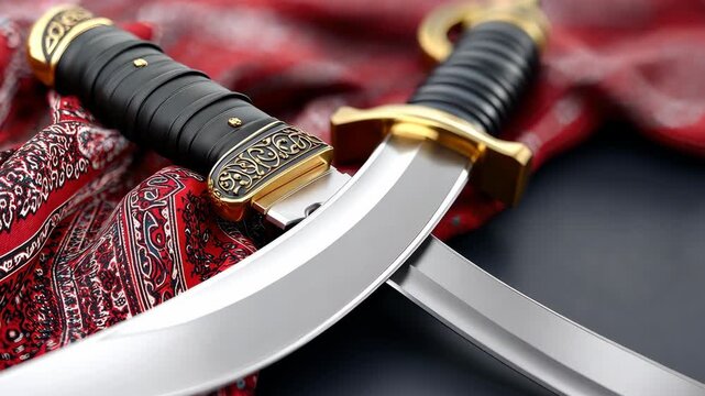 Display of traditional curved swords on intricate fabric showcasing craftsmanship and cultural significance