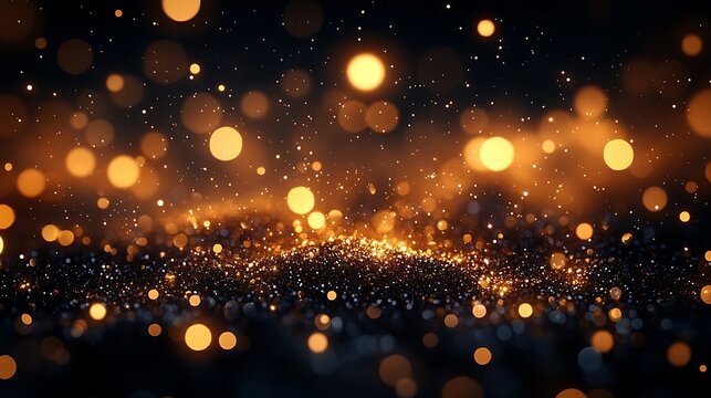 Abstract background with golden bokeh lights and sparkling glitter dust particles on dark backdrop