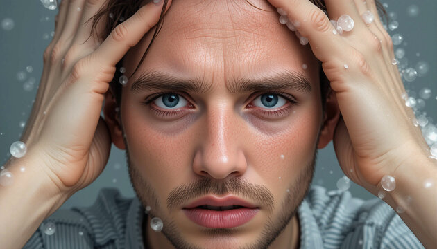 Young man with blue eyes, showing emotions of stress and anxiety, with water droplets surrounding his face, capturing the essence of mental health struggles and vulnerability