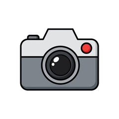 Cartoon illustration of a gray camera with a black lens and a red button, isolated on a white background.