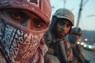 Mexican cartel members gathered in urban setting at dusk ready for criminal operations