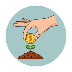 Hand placing a gold coin on a small plant growing from soil.
