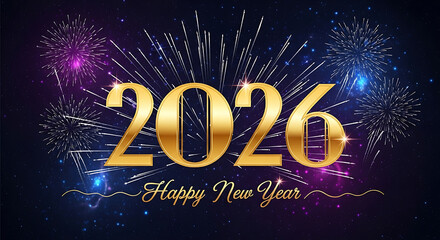 Golden 2026 happy new year celebration with festive fireworks display