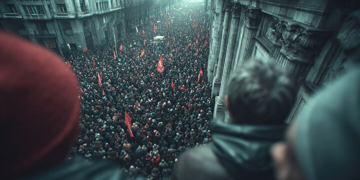 Rally of ultra right nationalists with aggressive supporters and symbols viewed from above