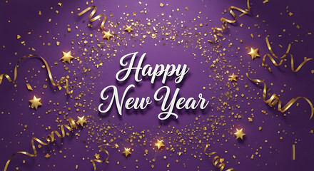 Sparkling happy new year greeting card with confetti and ribbons festive celebration background