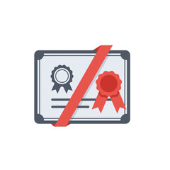 Illustration of a certificate with a red ribbon across it.