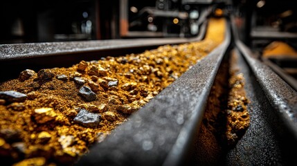 Close-up of a conveyor belt transporting coarse, golden minerals through an industrial setting