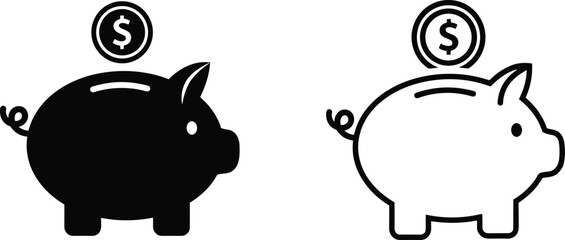 Piggy bank icon, savings money symbol, finance coin deposit, investment fund, economy wealth, budget, banking, financial growth, currency, cash.
