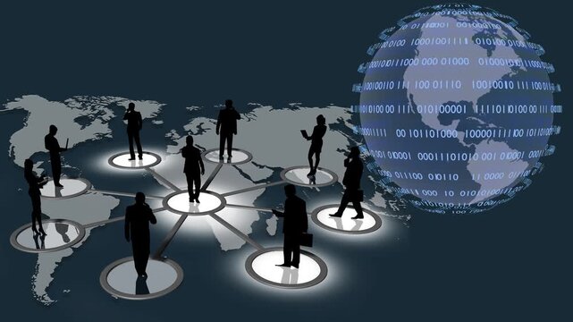 Filmato. Illustrazione 3D. Sfondo mondo digitale. Sequenza di zero e uno concetto di connessione globale tra persone, social network, e dispositivi informatici