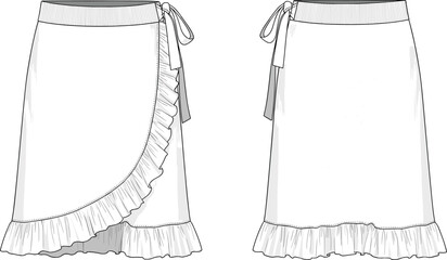 Women’s wrap skirt fashion illustration, technical flat sketch, front and back view, ruffle hem, tie closure, asymmetrical and symmetrical design drawing