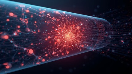 Abstract glowing tunnel with red light particles moving through the dark space