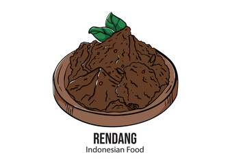 Illustration of Rendang, a traditional Indonesian meat dish, served in a wooden bowl and garnished with green leaves.