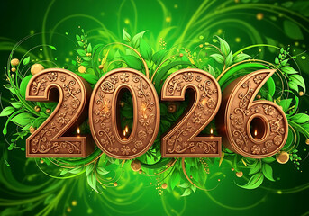 Golden 2026 new year celebration with lush green floral background