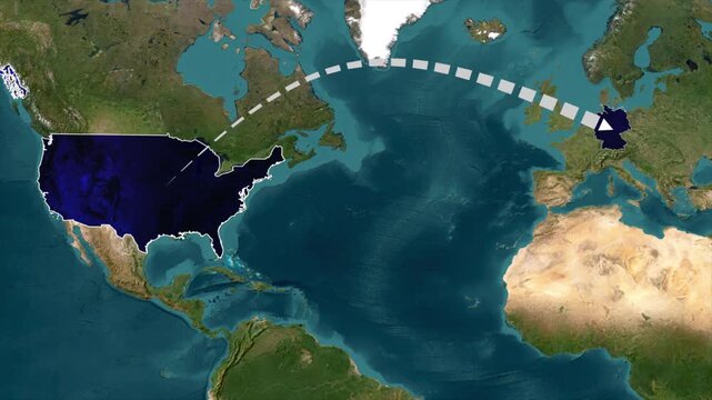 USA to Europe Travel Route Animation - Transatlantic Connection Map Graphic,Animated World Map Global Route from America to germany- Dotted Line Connection