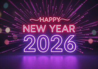 Happy new year 2026 neon sign glowing in futuristic tunnel vibrant celebration countdown