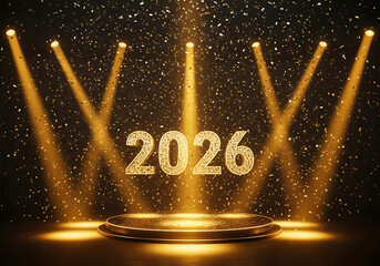 Bright golden spotlights shine on the year 2026 stage with glittering confetti