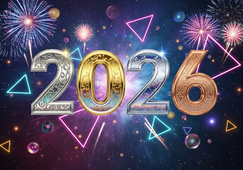 Celebrate 2026 with dazzling fireworks and abstract geometric shapes
