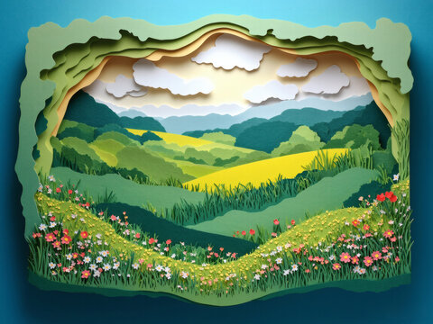 Beautiful layered paper art showcasing a serene landscape with rolling hills, trees, and flowers in vibrant colors . Generative AI
