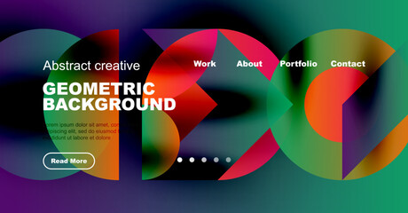 Vibrant abstract design features geometric shapes, text overlays, navigation menu. Modern aesthetic suitable website header or banner.