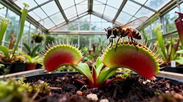 Close-up footage of a bee perched on a carnivorous venus flytrap plant in a greenhouse environment with natural lighting