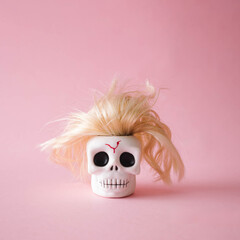 Skull with blonde hair on pastel pink backround.Creative Halloween minimal concept