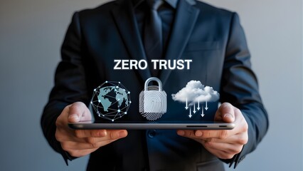 Zero trust security concept with digital lock cloud computing and global network displayed on a tablet held by a busi