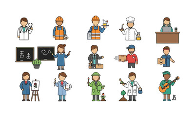 Professions and Jobs Avatars Vector Icons Set. Flat Color Style