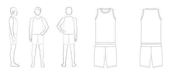 メンズ陸上ユニフォームのテンプレート（ノースリーブ・タンクトップ・ハーフスパッツ・前・後・横・平面図）Men's Track and Field Uniform Template &ndash; Tank Top with Half Tights, Front, Back, Side & Flat Views
