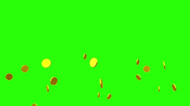 Falling Treasure Looping Coin Pattern. Coin Rain with Alpha Channel. Gold Coins Exploding Isolated on Green Screen 3D. Business and Currency Concept Gold Coin Spinning in the Air Overlay Animation.